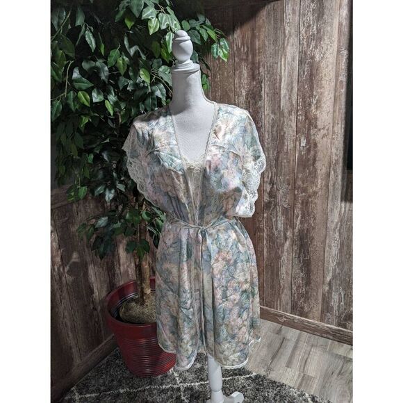 Vintage Lucie Ann Pastel Pink Blue Floral Robe Short Lace Kimono and Nightgown s - Picture 9 of 16